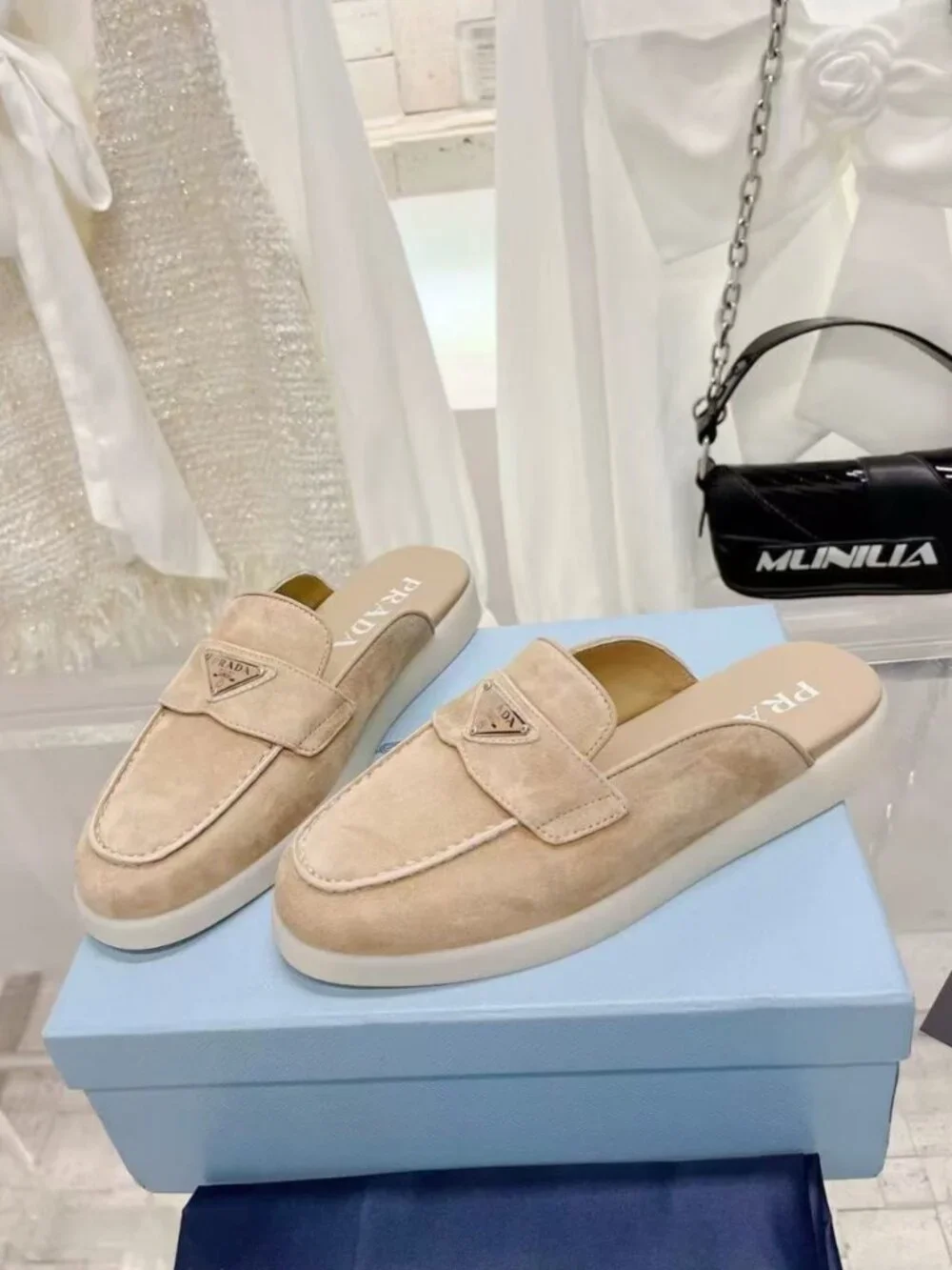 PRADA Beige Suede Triangle Logo Mule Slides